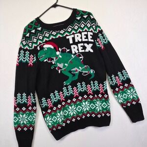 Ugly Christmas Sweater Mens‎ M Black Snowflake Tree Rex Dinosaur Santa Holiday